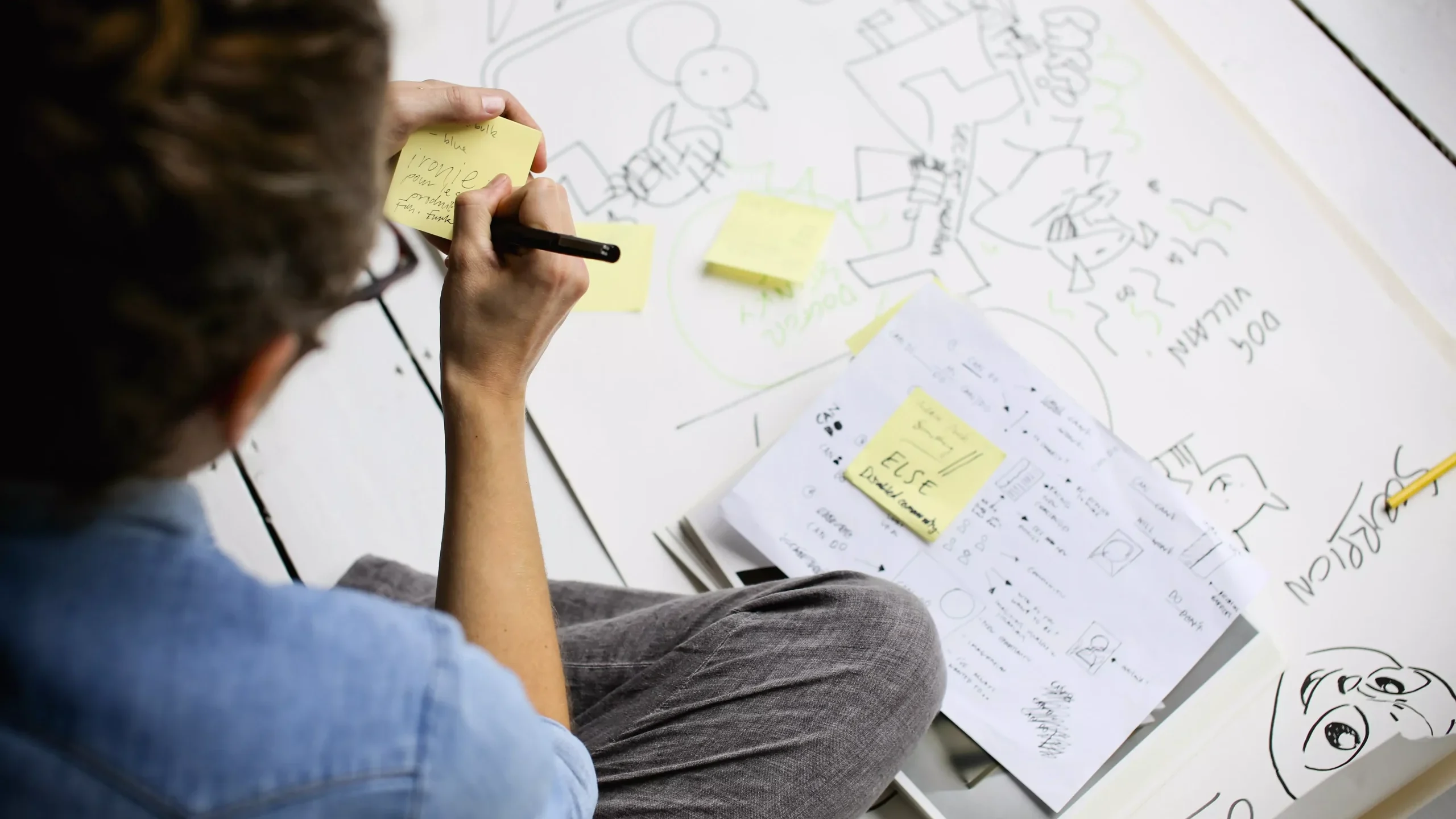 Brainstorming creativo condotto con post-it e fogli scritti a mano